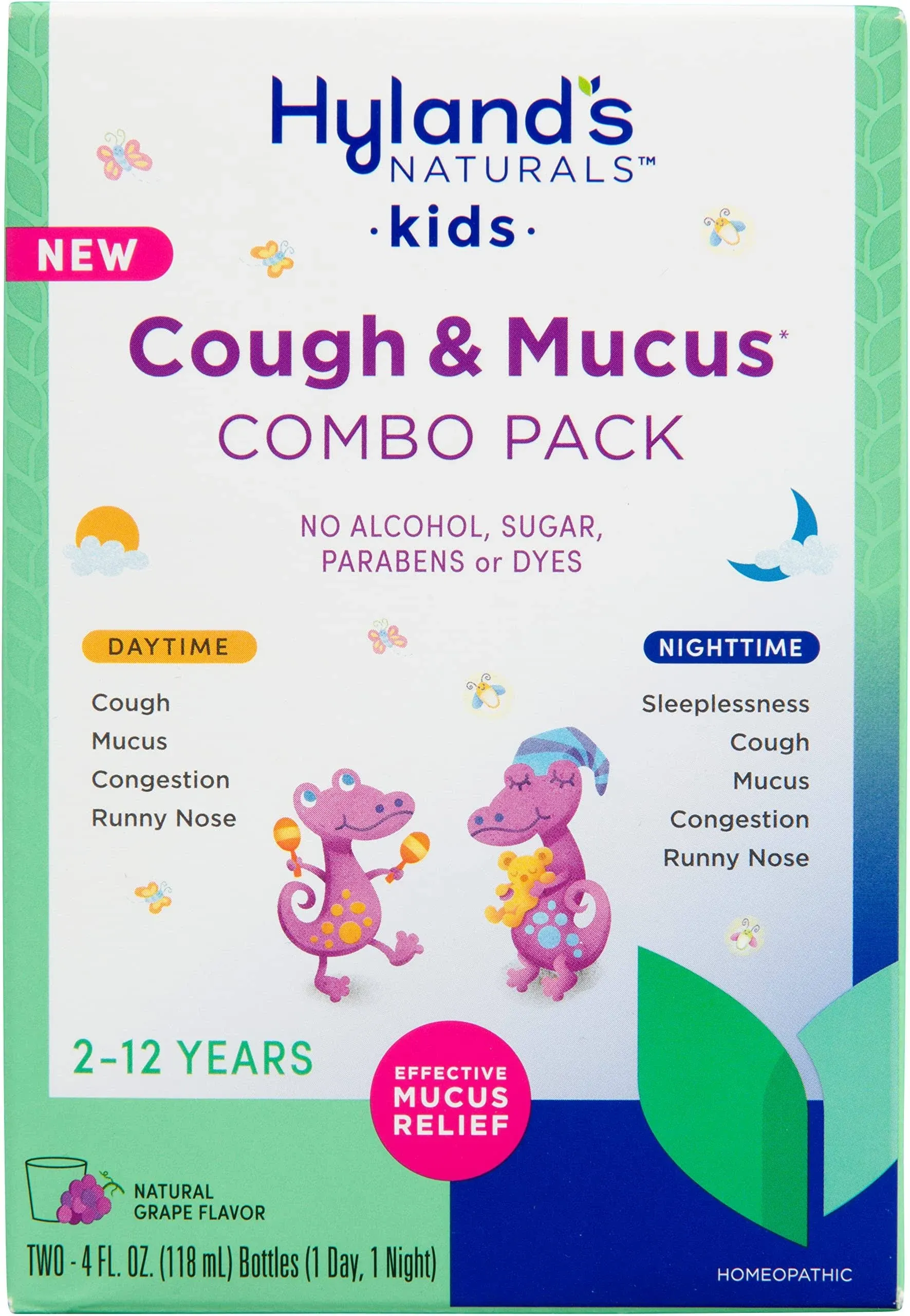 Hyland’s Naturals Kids Cough & Mucus Daytime & Nighttime Combo Pack, Kids Cough Medicine for Ages 2-12, Grape Flavor, Natural Relief of Sleeplessness, Cough, Runny Nose, Mucus & Congestion, 8 Ounces