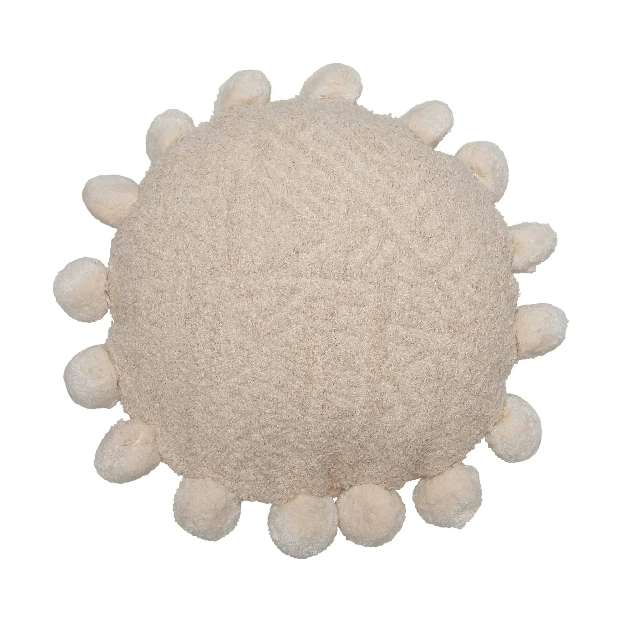 Round Woven Cotton Pillow w/ Pom Poms