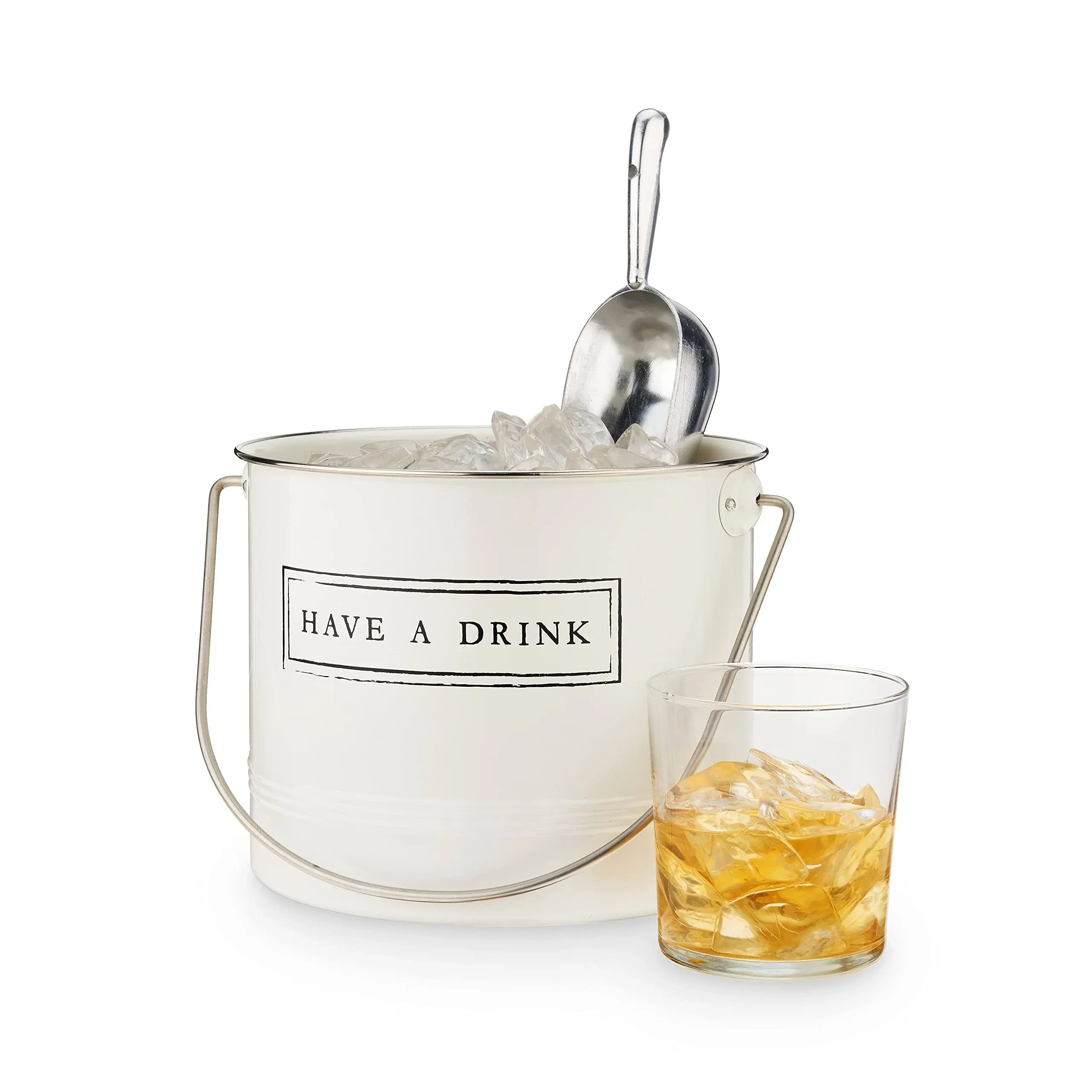 Twine Have A Drink White Enameled Metal Ice Bucket &amp; Scoop for Parties - Wine