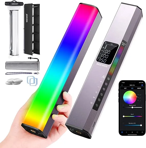 Neewer RGB1 Magnetic Handheld LED Light Stick Silver, 9.8" Wands, Base Models, Bi Color RGB, DC/Battery Power, 1, Internal, App Compatible, Weight