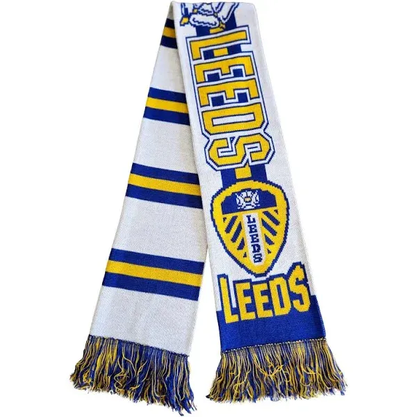 Leeds United FC | Soccer Fan Scarf | Premium White With Yellow and Blue Trim 