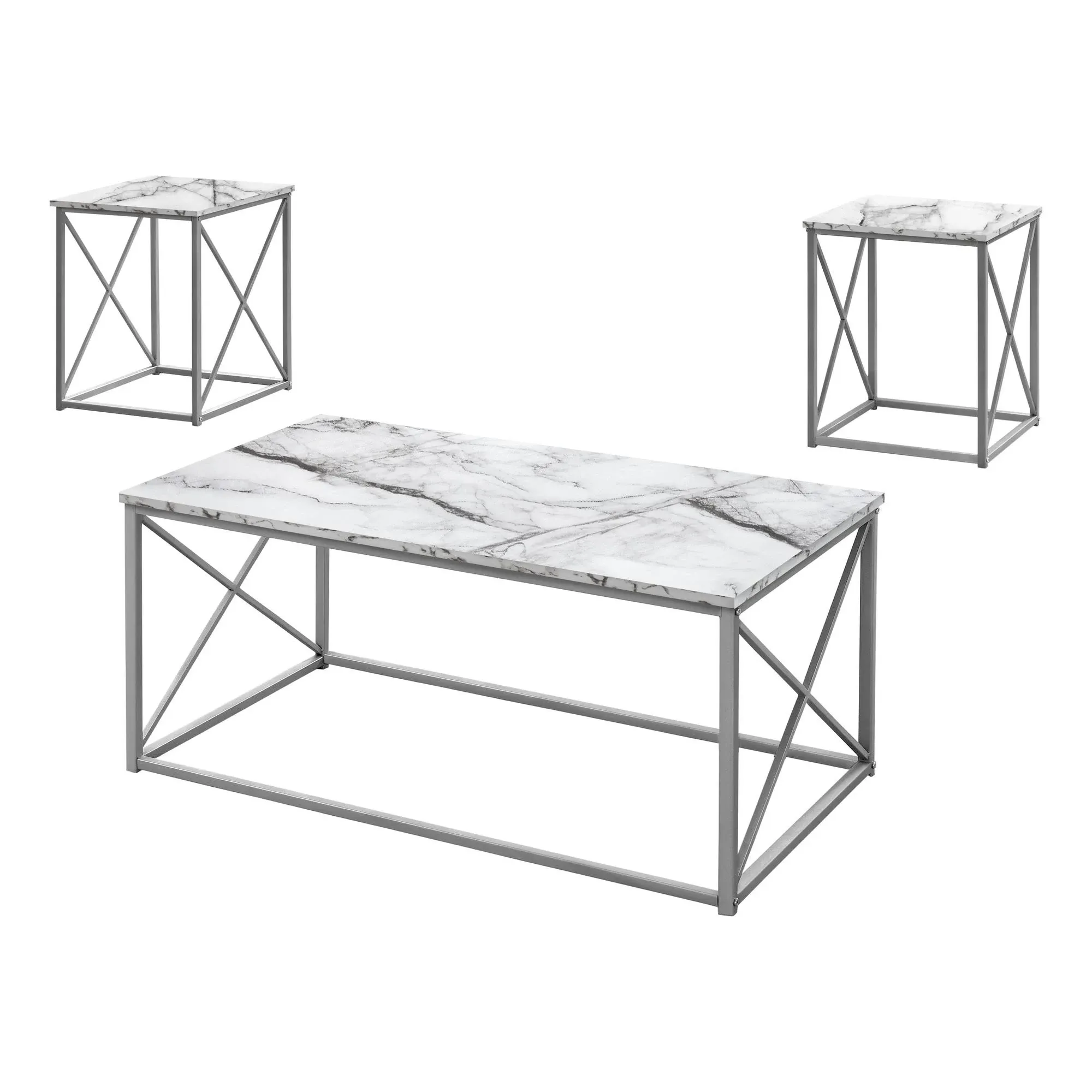 Monarch Specialties I 7953P Table Set, 3pcs Set, Coffee, End, Side, Accent, Living Room, Metal, Laminate, White Marble Look, Grey, Contemporary, Modern