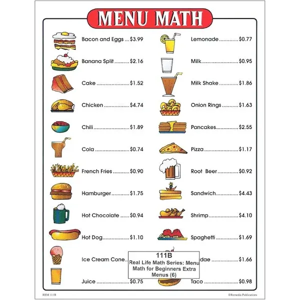 Menu Math for Beginners 6pk Extra Price Lists