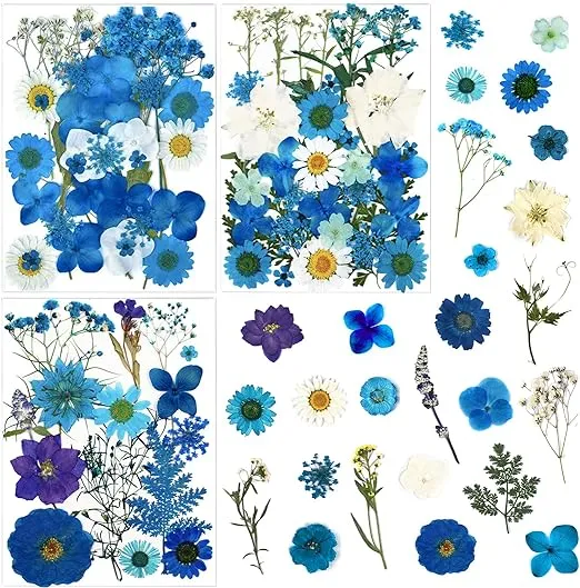 85 Pcs Blue Pressed Dried Flowers for Resin Molds, Real Natural Flowers Leaves Bulk for DIY Art Nail Crafts, Jewelry, Candle, Soap Making