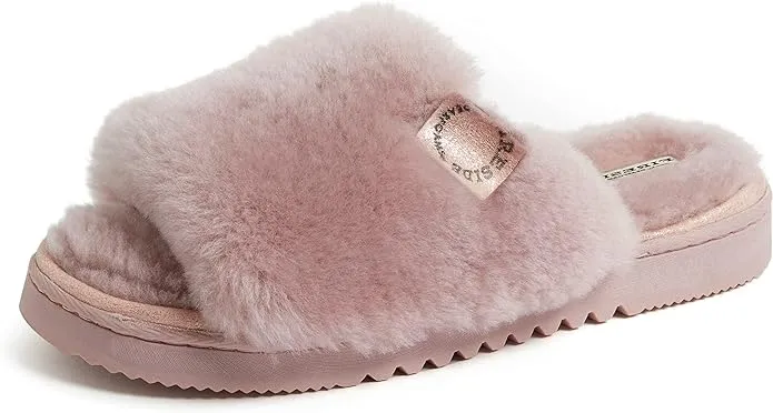 Dearfoams womens Fireside By Dearfoams Cairns Shearling Slide With Metallic Trim Slipper, Natural, 6 US