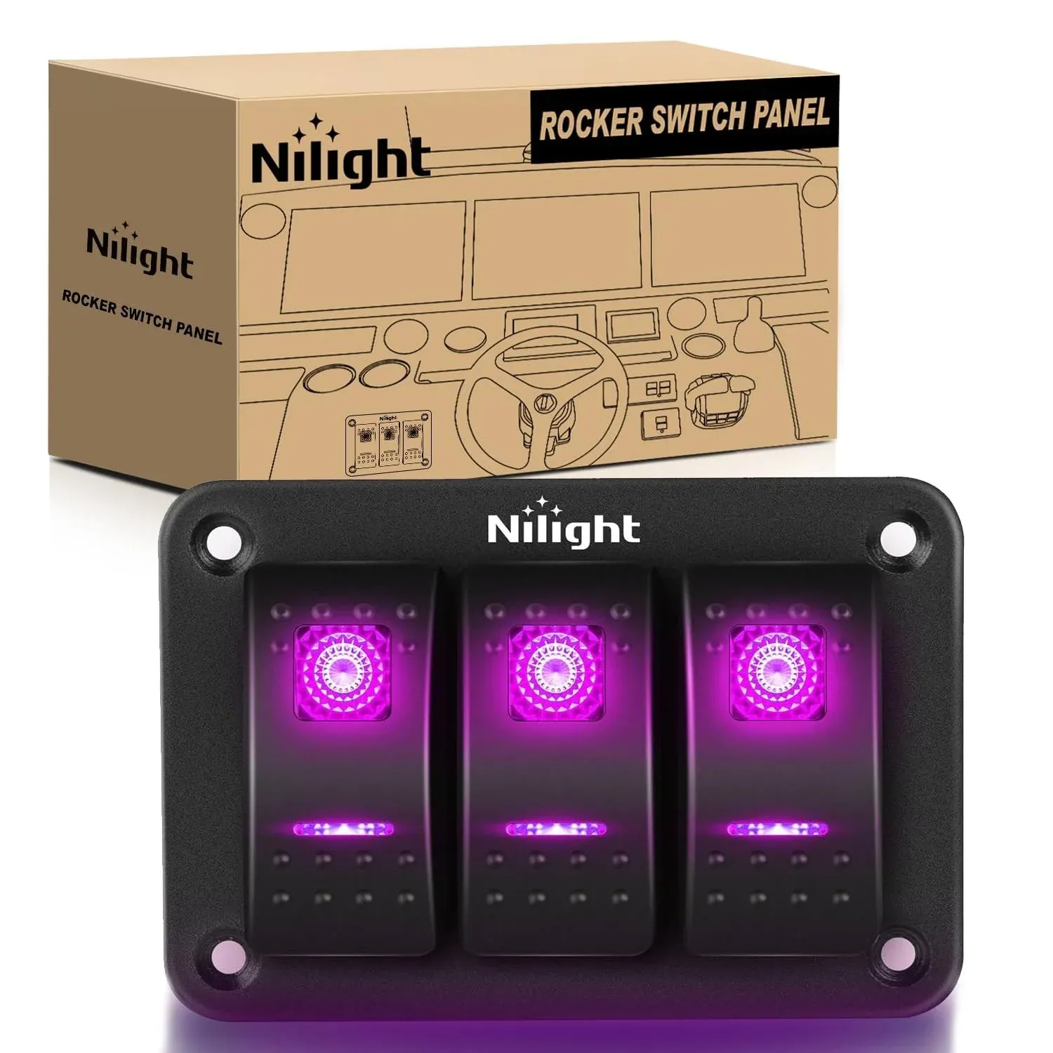 Nilight 3 Gang Aluminum Rocker Switch Panel 5 Pin ON Off Pre-Wired Pinkish Purple Toggle Switch SPST 12V 24V Night Glow Stickers for Cars Marines Boats Campers RVs