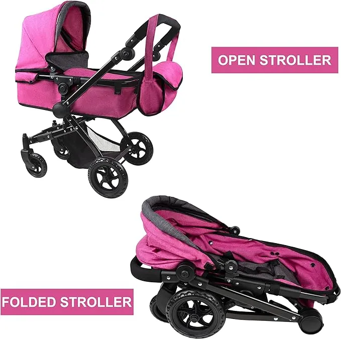 Fash N Kolor | Foldable Pram for Baby Doll with Flower Design with Swiveling Wheel Adjustable Handle Bassinet Stroller with Baby Doll, Convertible Seat, and Basket, and Free Carriage Bag