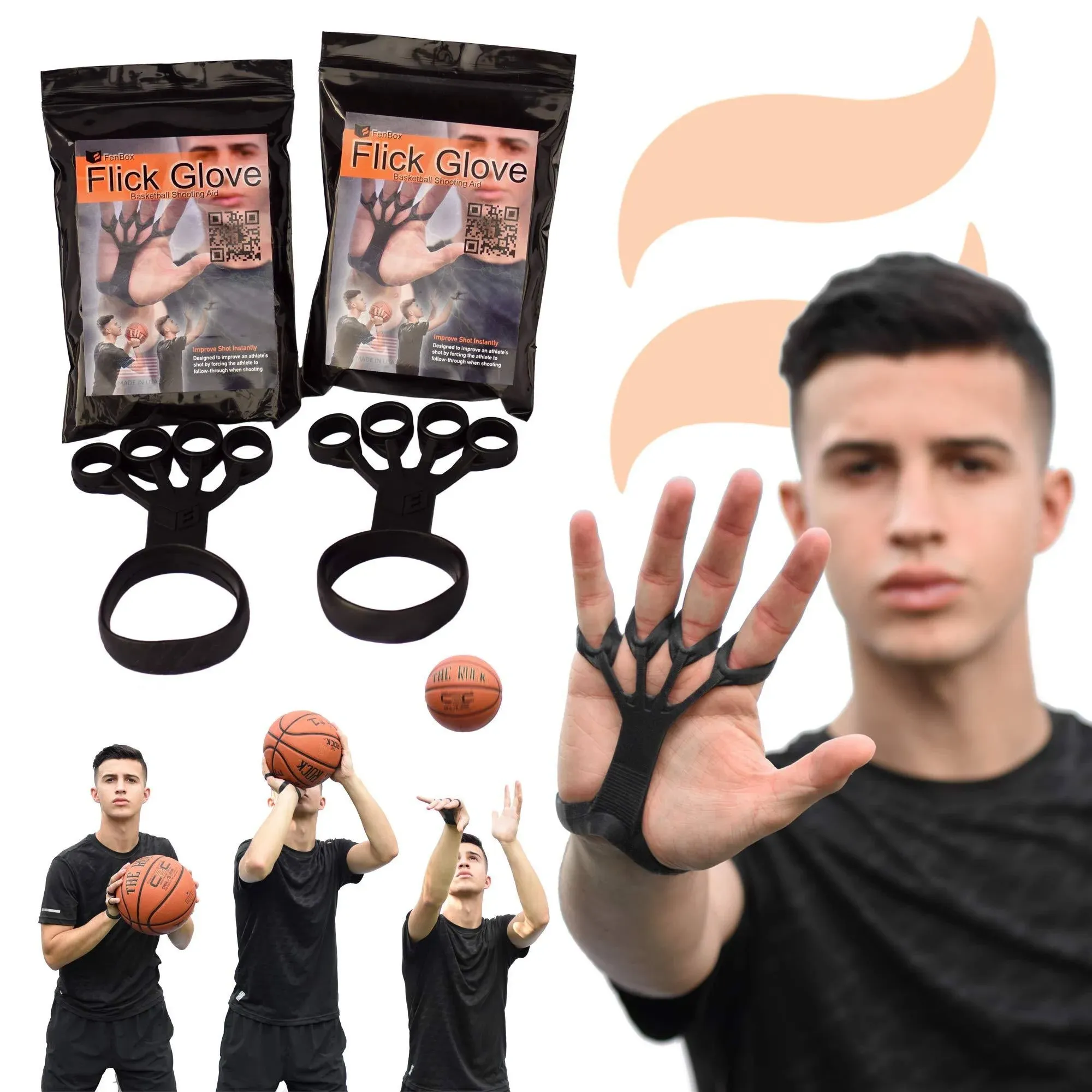 FNBX FlickGlove Basketball Shooting Aid, Training Equipment for Improving Shot and Form, Set of 3 Silicone Strap Resistances, White, Black and Orange