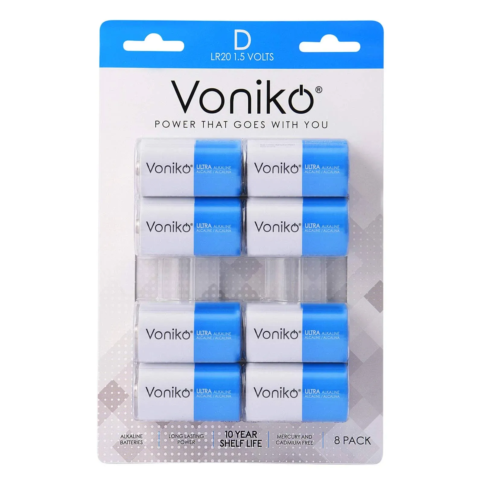 Voniko Ultra Alkaline D Batteries Batteries D Size 8 Pack 10-Year Shelf Life ...