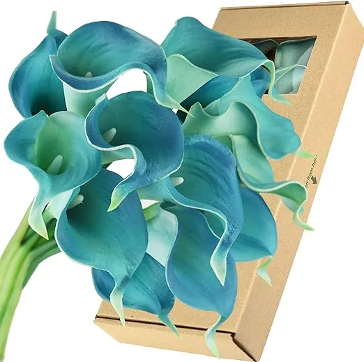 FiveSeasonStuff Real Touch Calla Lily Artificial Flowers Wedding Bridal Bouquet | Floral Arrangements | 15 Calla Lilies (Cerulean Blue)