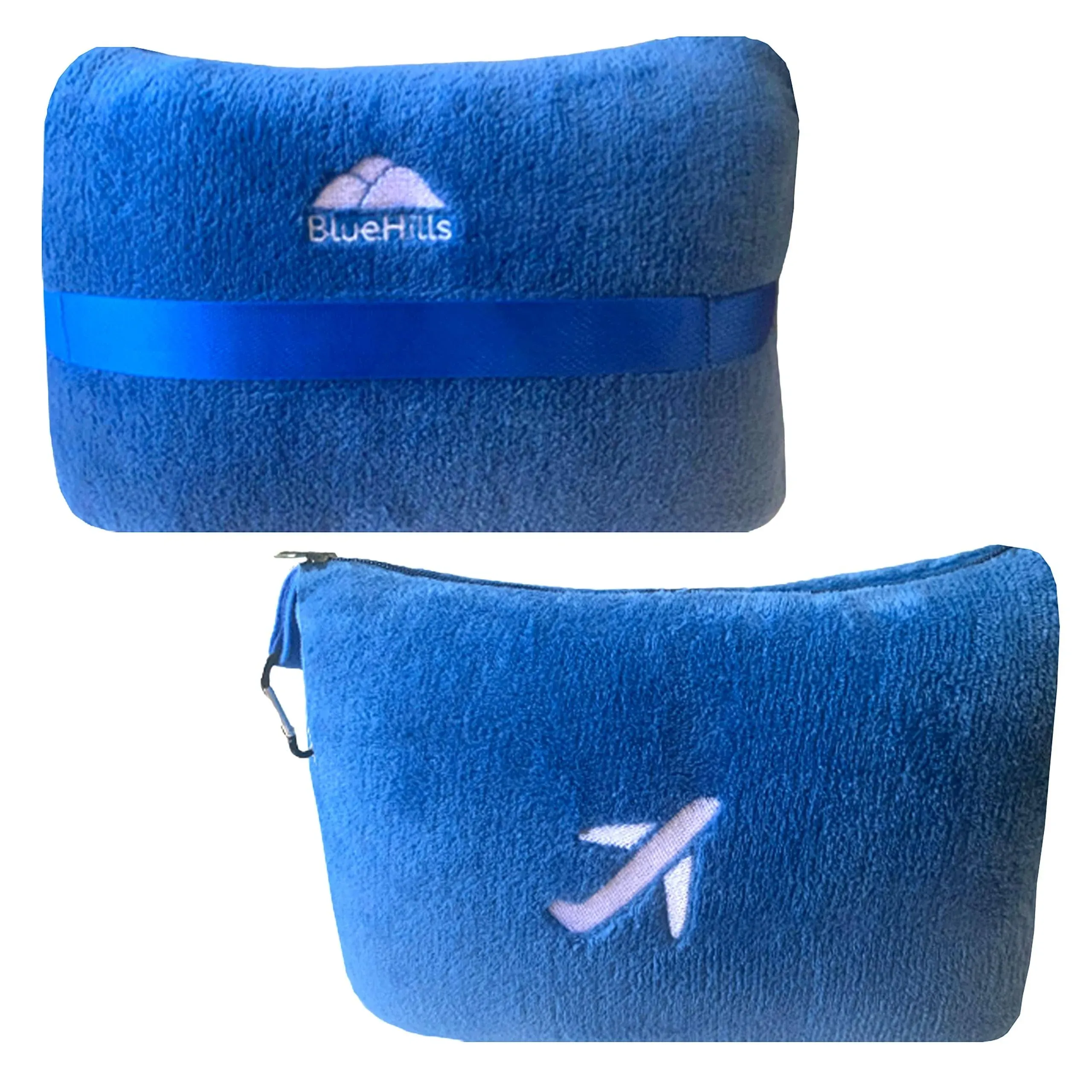 BlueHills Travel Blanket Pillow in Mini Soft Case Premium Plush Airplane Blanket in Soft Bag Compact Pack with Luggage Belt and Backpack Clip Car Portable Cozy Traveling Accessories - Royal Blue M07