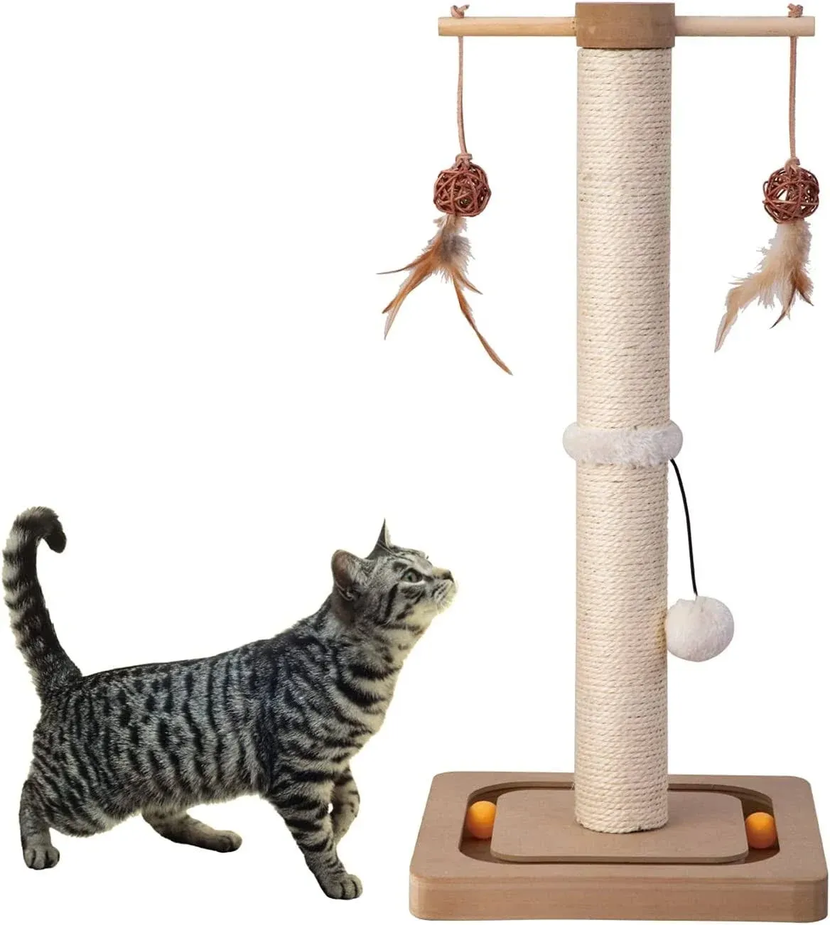 PEEKAB Cat Scratching Post Premium Sisal Scratch Posts with Tracking Interactive Toys Vertical Scratcher for Indoor Cats and Kittens- 25 inches Beige