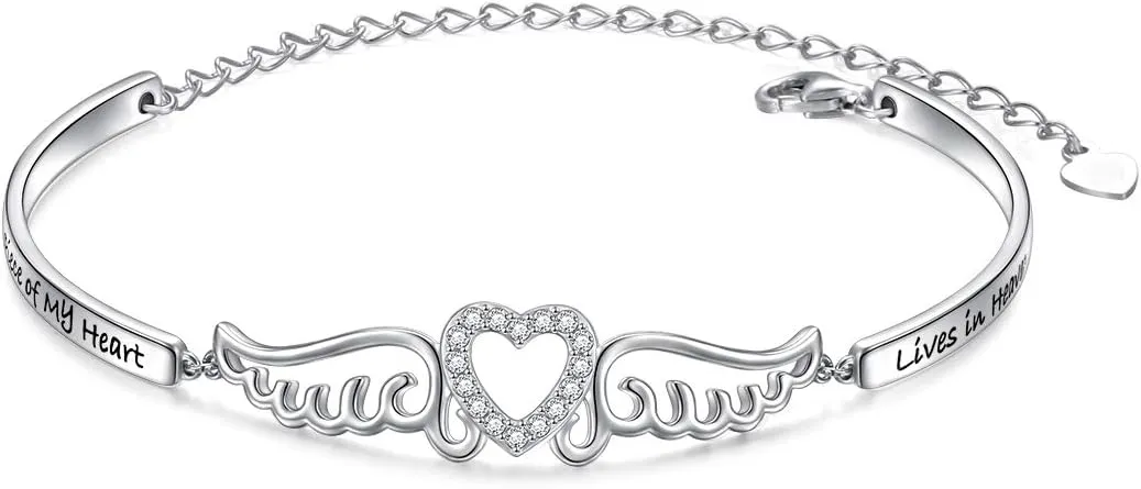 FLYOW S925 Sterling Silver A Piece of My Heart is in Heaven Bracelet Angel Wings Jewelry in Memory of Mom Dad Grandma Grandpa Daughter Son Loss Memorial Gift