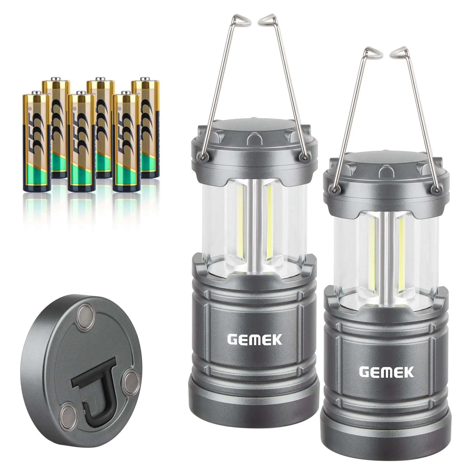 GEMEK 2 x LED Camping Lantern Battery Powered Flashlights Portable 2-in-1 Collapsible COB Lantern Lights for Camping, Car, Shop, Attic, Garage, 6 AA Batteries Included (Gray)