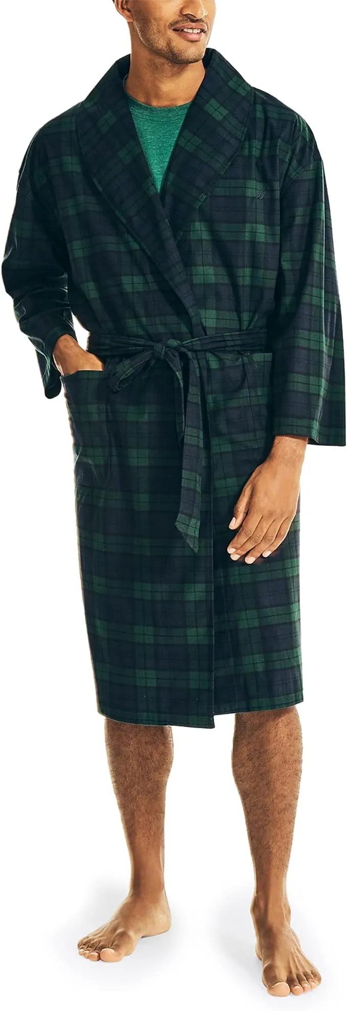 Nautica Men&#039;s Sustainably Crafted Plaid Robe,Emerald Yard,One Size