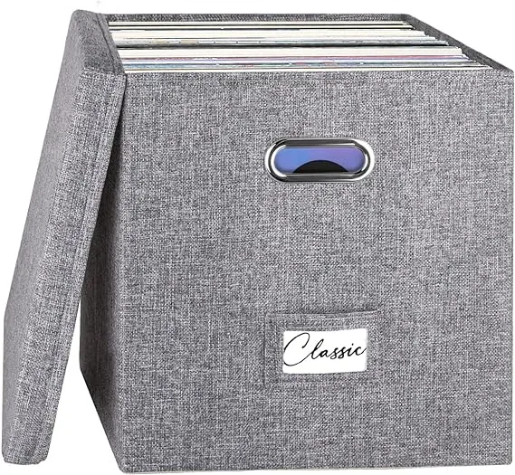 Vinyl Record Storage Box for 50+ Single LPs (12-Inch), Stackable Albums Linen Crate with Lid, Collapsible Play Music Collection Holder, Document File Folder Cabinet Organizer Case with Handle