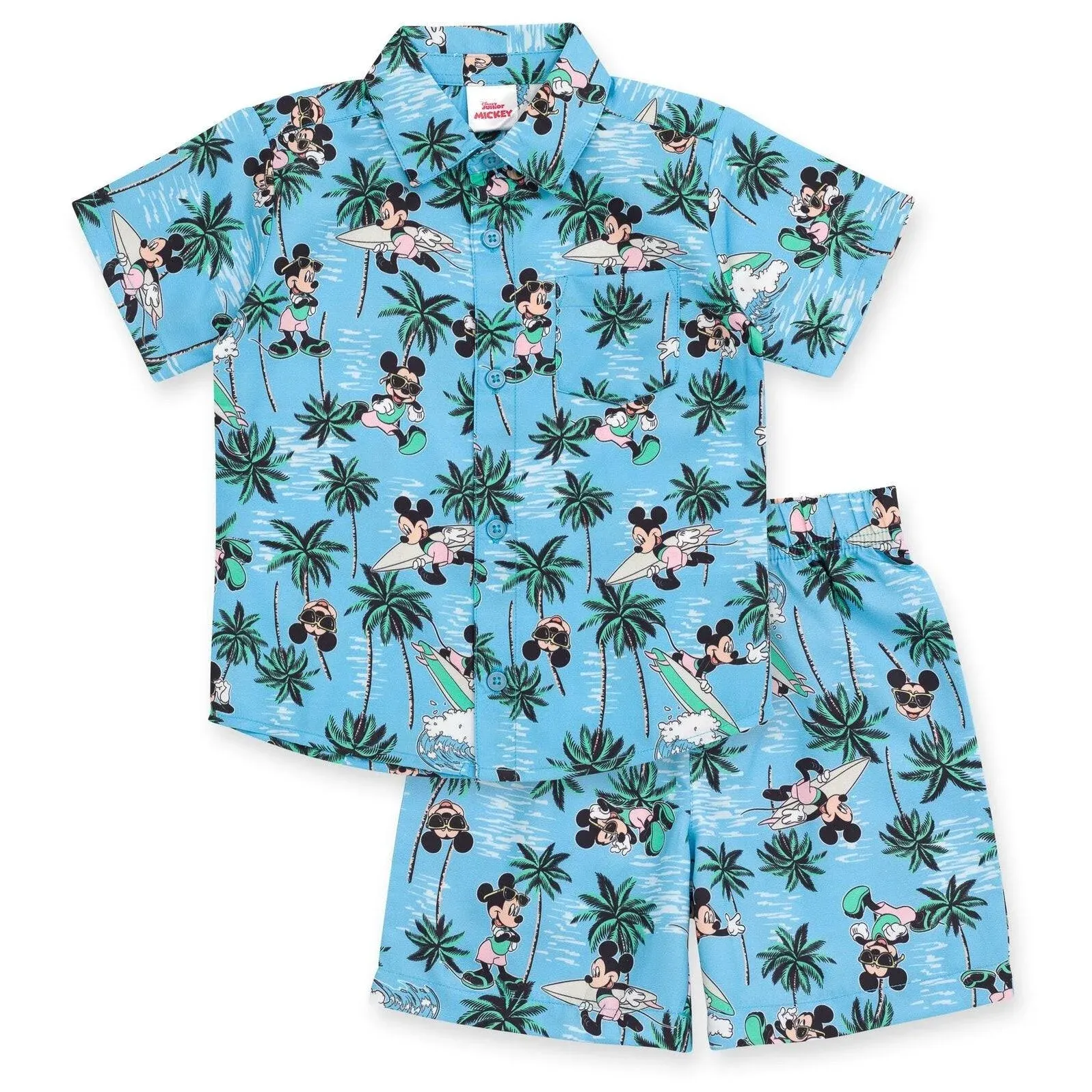 Disney Mickey Mouse Big Boys Hawaiian Button Down Shirt and Shorts Blue 14-16