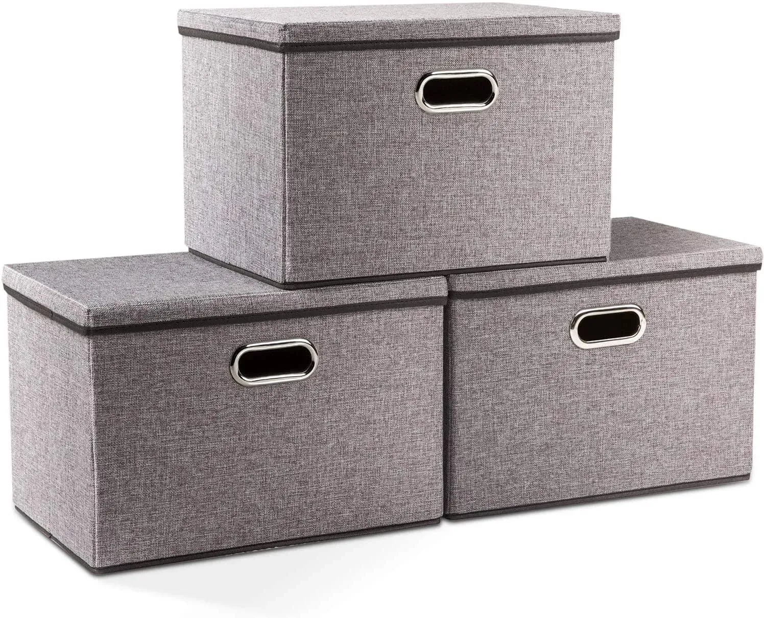 PRANDOM Large Collapsible Storage Bins with Lids [3-pack] Linen Fabric Foldable ...