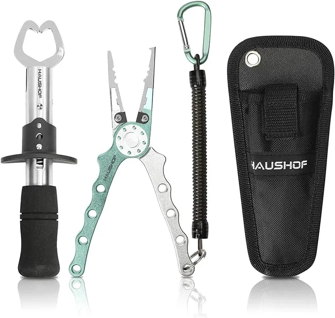 HAUSHOF Aluminum Fishing Pliers and Fish Lip Gripper, Stainless Steel Multi-Function Fishing Pliers Hook Remover with Tungsten Carbide Cutters, Coiled Lanyard and Sheath