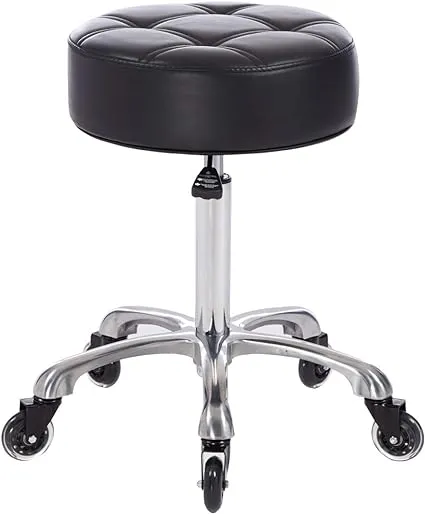 Rolling Salon Stool with Wider Round Seat- Height Adjustable Heavy-Duty Chair with Wheels for Salon Esthetician and Home Office Use, in Black Color