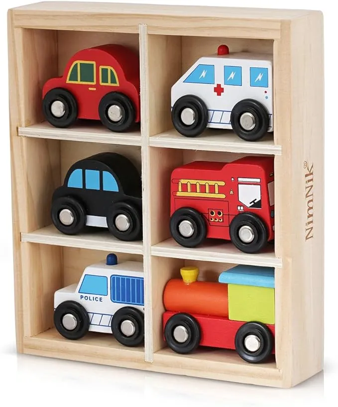 Wooden Toy Cars Trains Toys  For Kids 6 pc Play Set Engine Cars