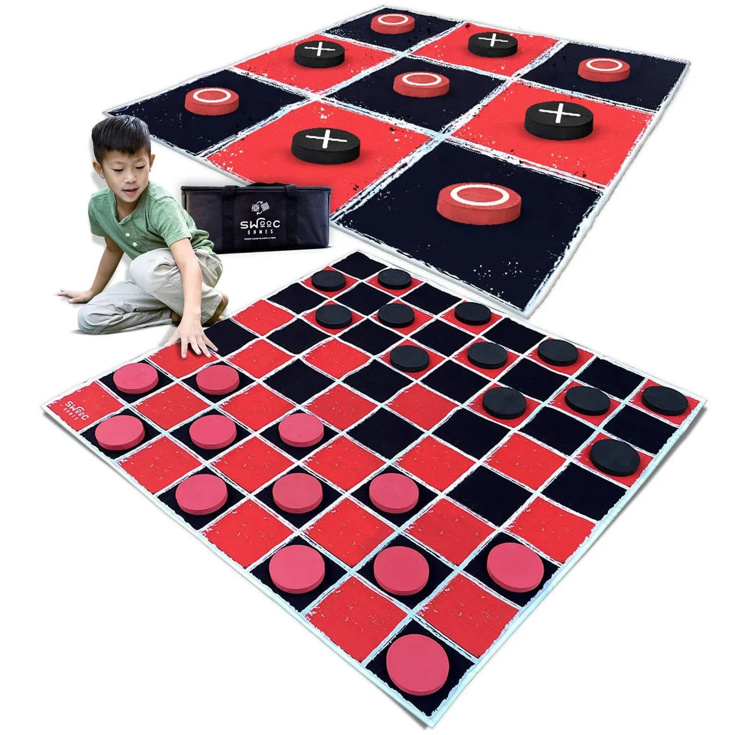 SWOOC Games - 2-in-1 Vintage Giant Checkers & Tic Tac Toe Game with Mat ( 4ft x ...