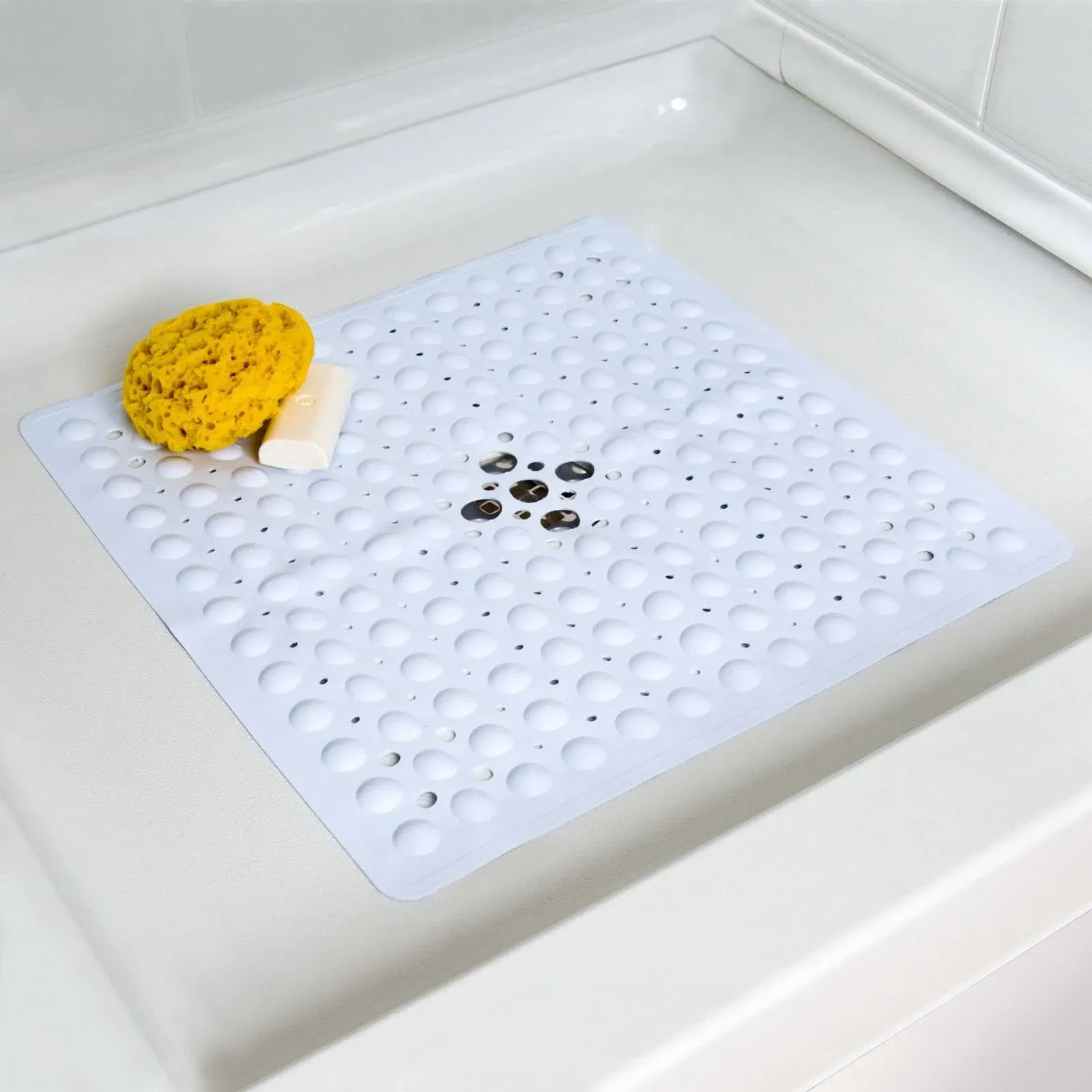 Large Non-Slip Shower Mat with Drain Holes: White Square Shower Mat