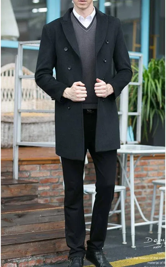 Minibee Men's Woolen Trench Coat Double Breasted Slim Fit Winter Overcoat Long Jacket Business Pea Jacket