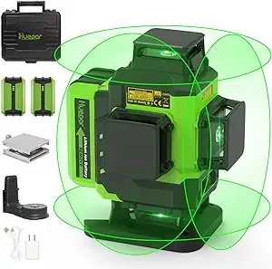 Huepar Laser Level, Self-leveling 16 Lines Green Beam 4D Cross Line Tiling Floor Laser Tool-2 x 360 Horizontal & 2 x 360 Vertical Laser Lines with Two Li-ion Batteries and Hard Carry Case-LS04CG