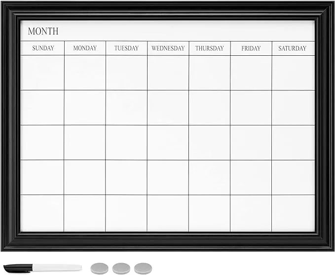 Navaris Framed Calendar Whiteboard for Wall - 18" x 24" Magnetic Dry Erase Monthly Planner - White Board with Frame - Includes Magnets and Marker