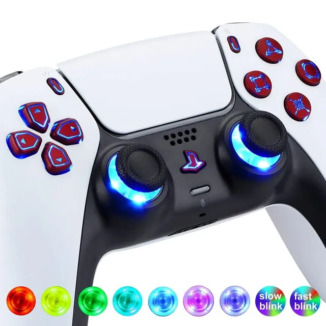 eXtremeRate Multi-Colors Luminated Dpad Thumbstick Share Home Face Buttons for PS5 Controller BDM-010 020, Scarlet Red Classical Symbols Buttons DTF V3 LED Kit for PS5 Controller - Without Controller