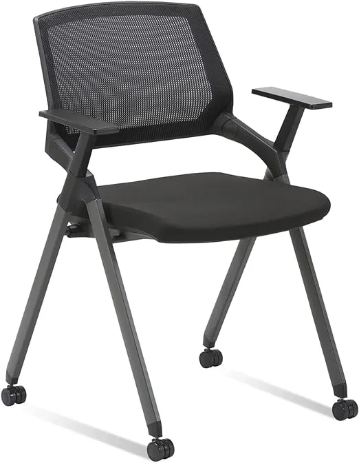 Mesh Guest Reception Stack Chairs with Caster Wheels and Arms for Office School Church Conference Waiting Room Black