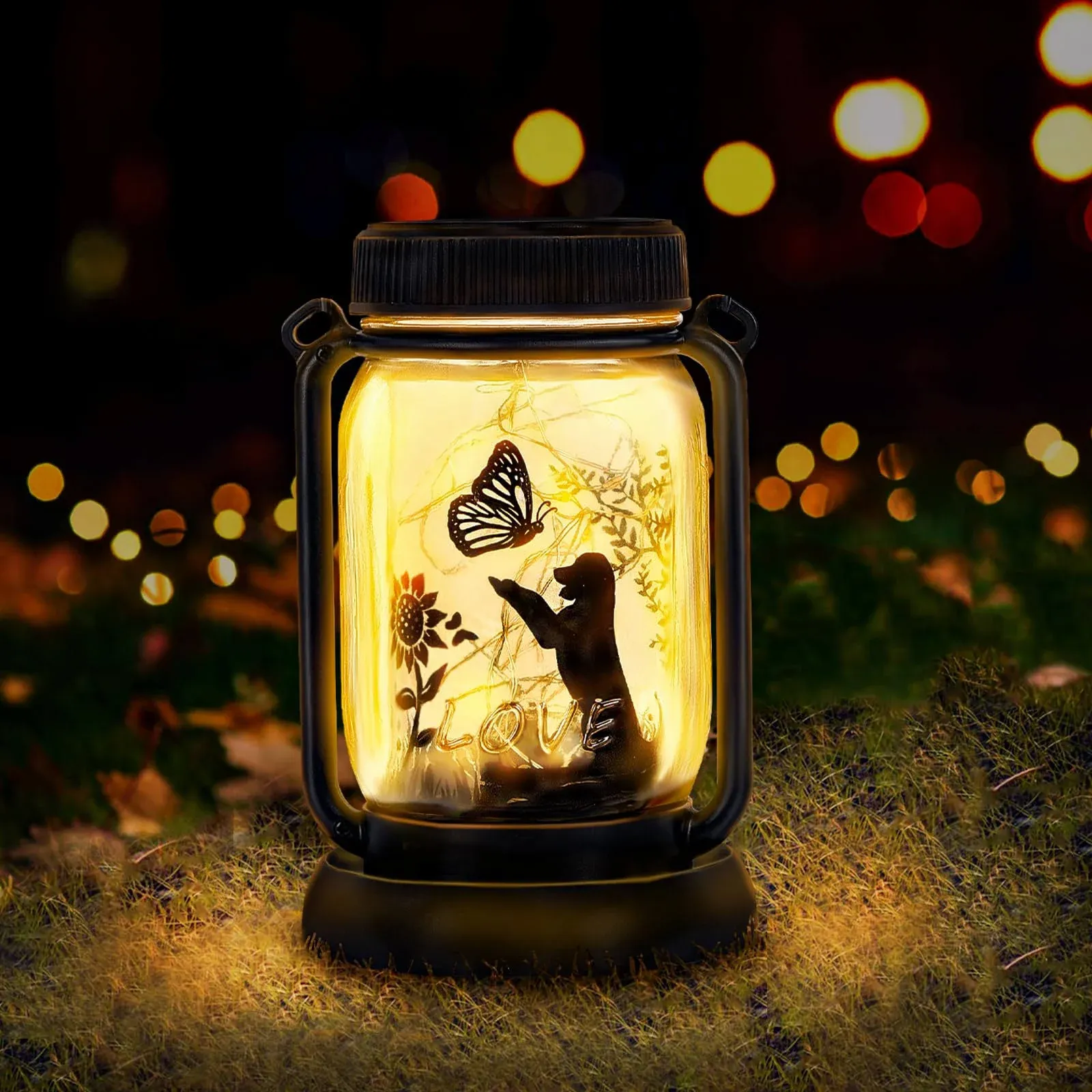 Styleonme Decor Mobile Outdoor Solar Lanterns, Dog & Butterfly Fairy Lights Theme Garden, Mason Jar Solar, Gifts for Women,Mom, Grandma, Everyone, Cat