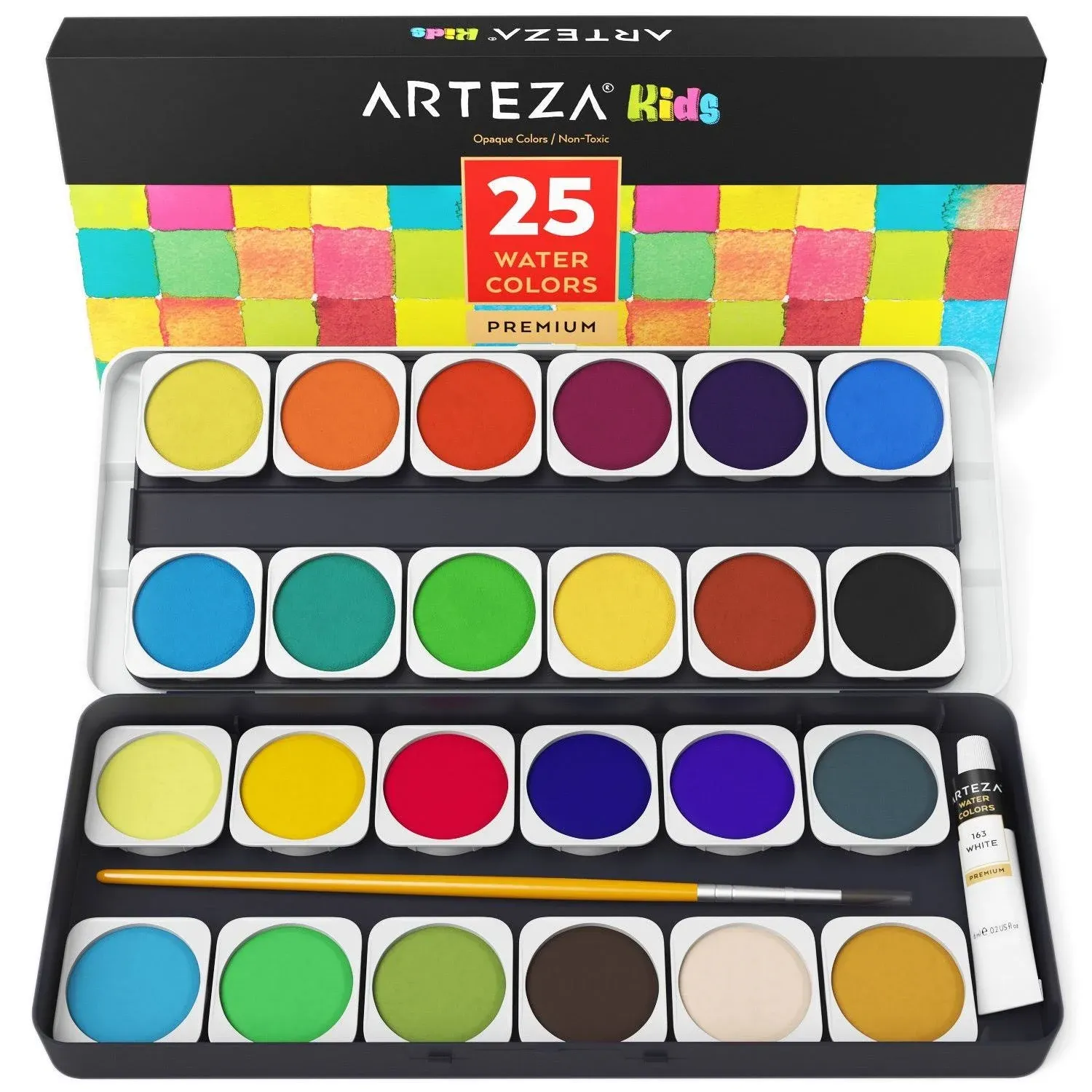 Arteza Kids Premium Watercolor Paint Set, 25 Vibrant Color Cakes, Includes Paint