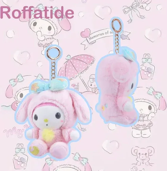 Roffatide Anime My Melody Keychain Plush Stuffed Keychain Kawaii Cartoon Key ring Bag Pendant for Boys and Girls 5.11 inches