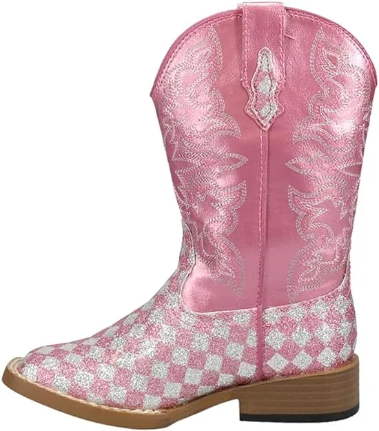 Roper Kids Boots Bling Square Toe Pink Checkerboard Glitter Style 09-018-1901-0028