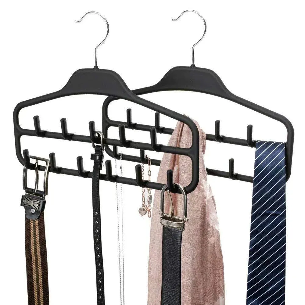 FairyHaus Belt Hanger Organizer 2 Pack, Non Slip Tie Rack Holder, Durable Hanging Closet Accessory Hooks for Belts, Ties, Jewelry, Scarves, Black