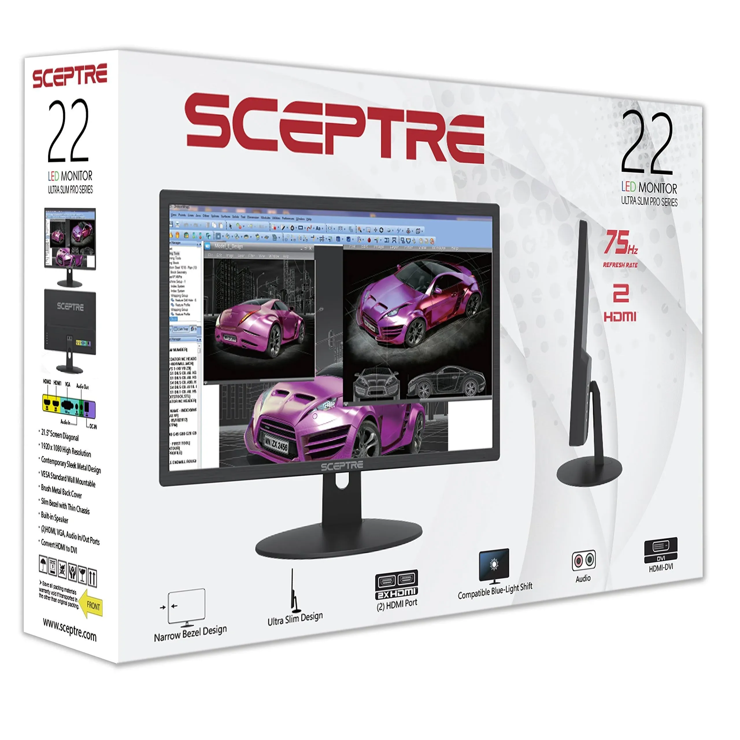 Sceptre E248W-19203R 24" Ultra Thin 75Hz 1080p LED Monitor 2X HDMI VGA Build-in Speakers, Metallic Black 2018 & AmazonBasics DisplayPort to HDMI Display Cable - 6 Feet