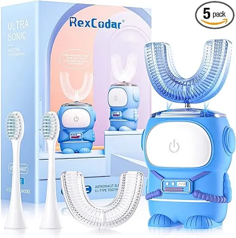 Kids U Shaped Electric Toothbrush, Sonic Toothbrush with Ipx7 Waterproof, 5 Cleaning Modes, 60s Smart Reminder Cartoon Astronaut Design (Blue Ages 6