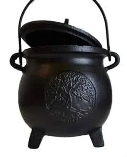 Home Fragrance Potpourris Cauldrons Tree of Life Cast Iron Three Legged with Handle and Lid Large 8"