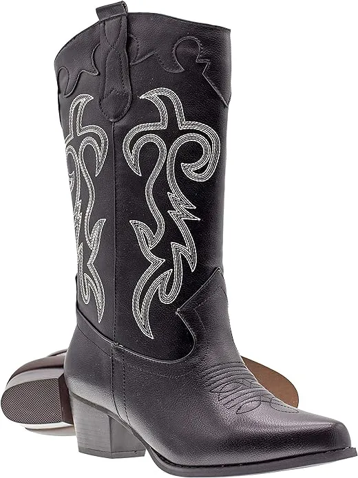 Women's Rodeo Boots - Classic Western Booties for Women & Teen Girls, Black, Mid-Calf, Faux Leather, Memory Foam Insole, Cowboy Boots