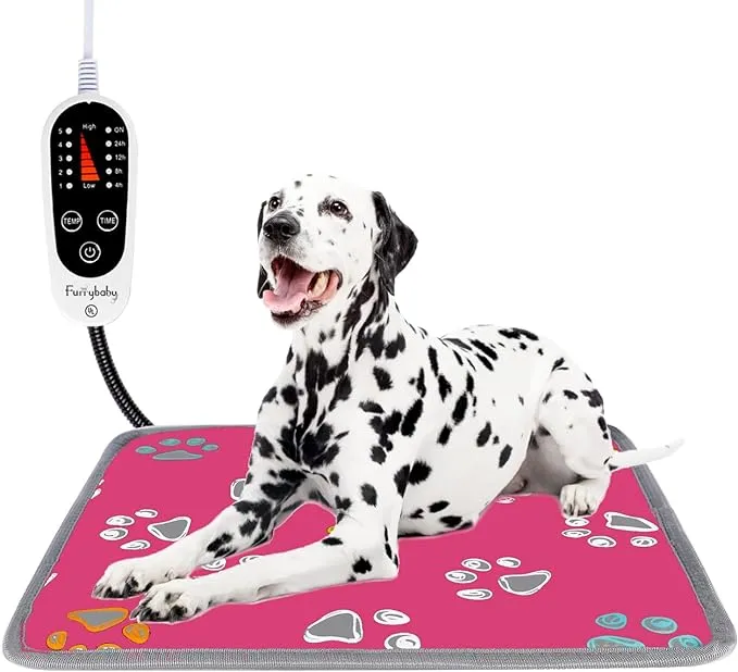 furrybaby Pet Heating Pad, Waterproof Dog Heating Pad Mat for Cat with 5 Level Timer and Temperature, Pet Heated Warming Pad with Durable Anti-Bite Tube Indoor for Puppy Dog Cat (Pink Paw, 24" X 16")