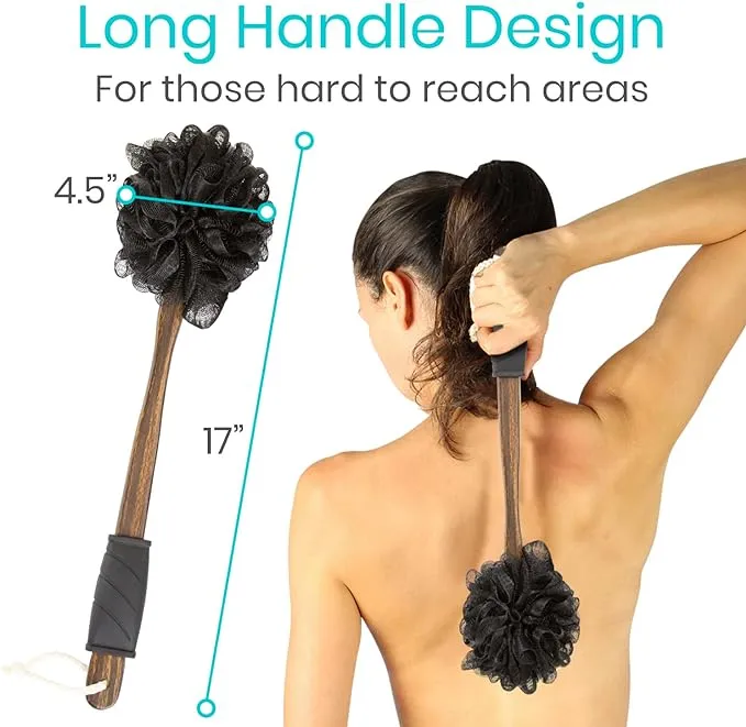 Vive 17” Shower Loofah with Long Handle - Exfoliating Back & Body Scrubber for Men & Women - Luffa Sponge on a Stick for Bathing, Cleaning - Includes Extra Handheld Lufa, Hook & String to Hang on Wall