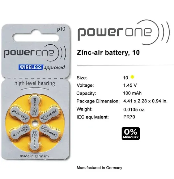 PowerOne Hearing Aid Batteries Size 10, PR70 (120 Batteries) + 2 Cell Battery Keychain Kit