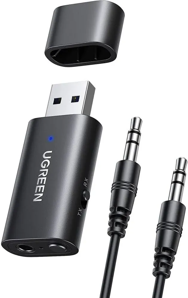 UGREEN 5.1 Transmitter Receiver 2 in 1 Wireless USB Adapter Built-in Microphone 3.5mm Audio Bluetooth Dongle Driver Free for TV, Home Stereo, Car Stereo, Headphones, Speakers, PC