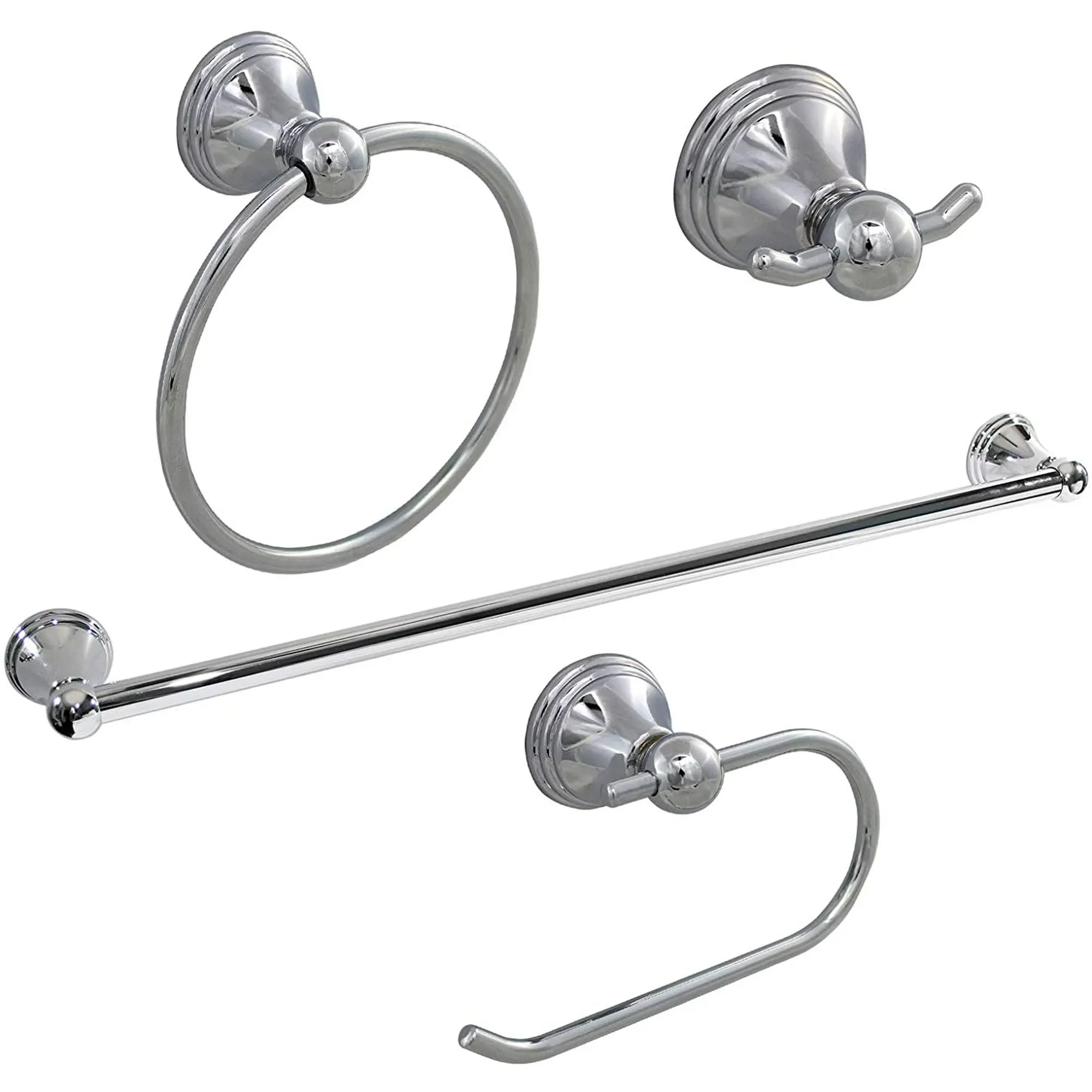 4 Piece Bathroom Hardware Accessories Set with 24&#034; Towel Bar - Polished Chrome