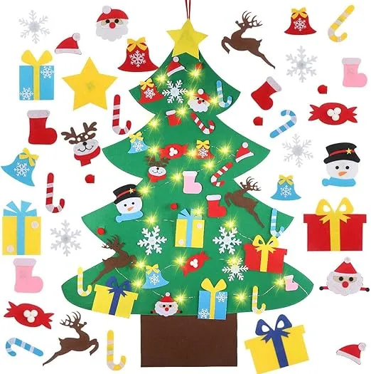 GameXcel 4ft Felt Christmas Tree for Toddlers with LED Light & 36pcs Ornaments, Velcro Montessori DIY Xmas Decorations - 4 Feet