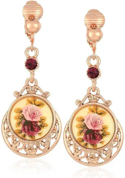 1928 Jewelry Women's Rose Gold Tone Manor House Purple & Pink Rose Flower Amethyst Crystal Drop & Dangle Earrings