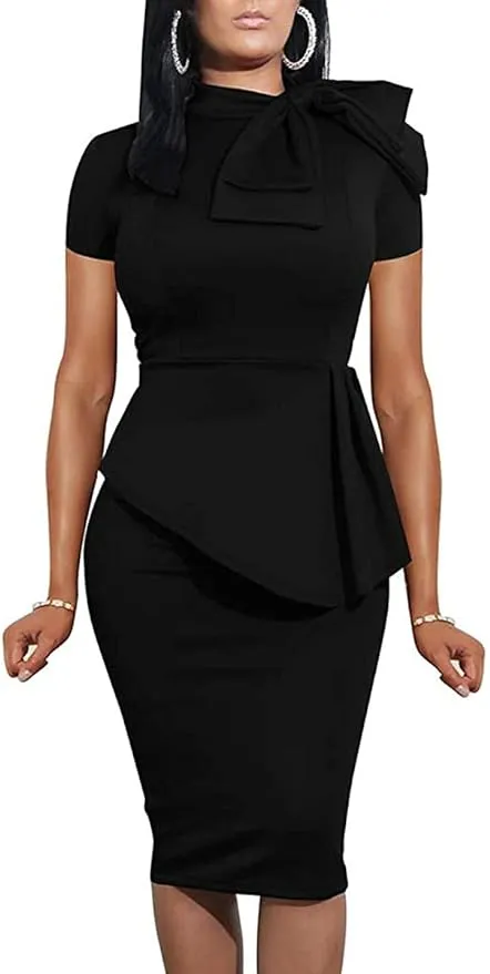 Women's Fashion Peplum Bodycon Short Sleeve Work Dresses Bow Club Ruffle Pencil Formal Cocktail Dress