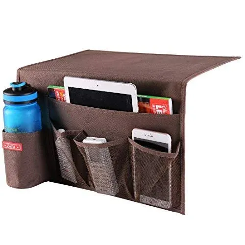 5 Pockets Bedside Caddy, Bedside Storage Organizer for Water Bottles, Magazines, Phone, Glasses (5 Pockets-Coffee)